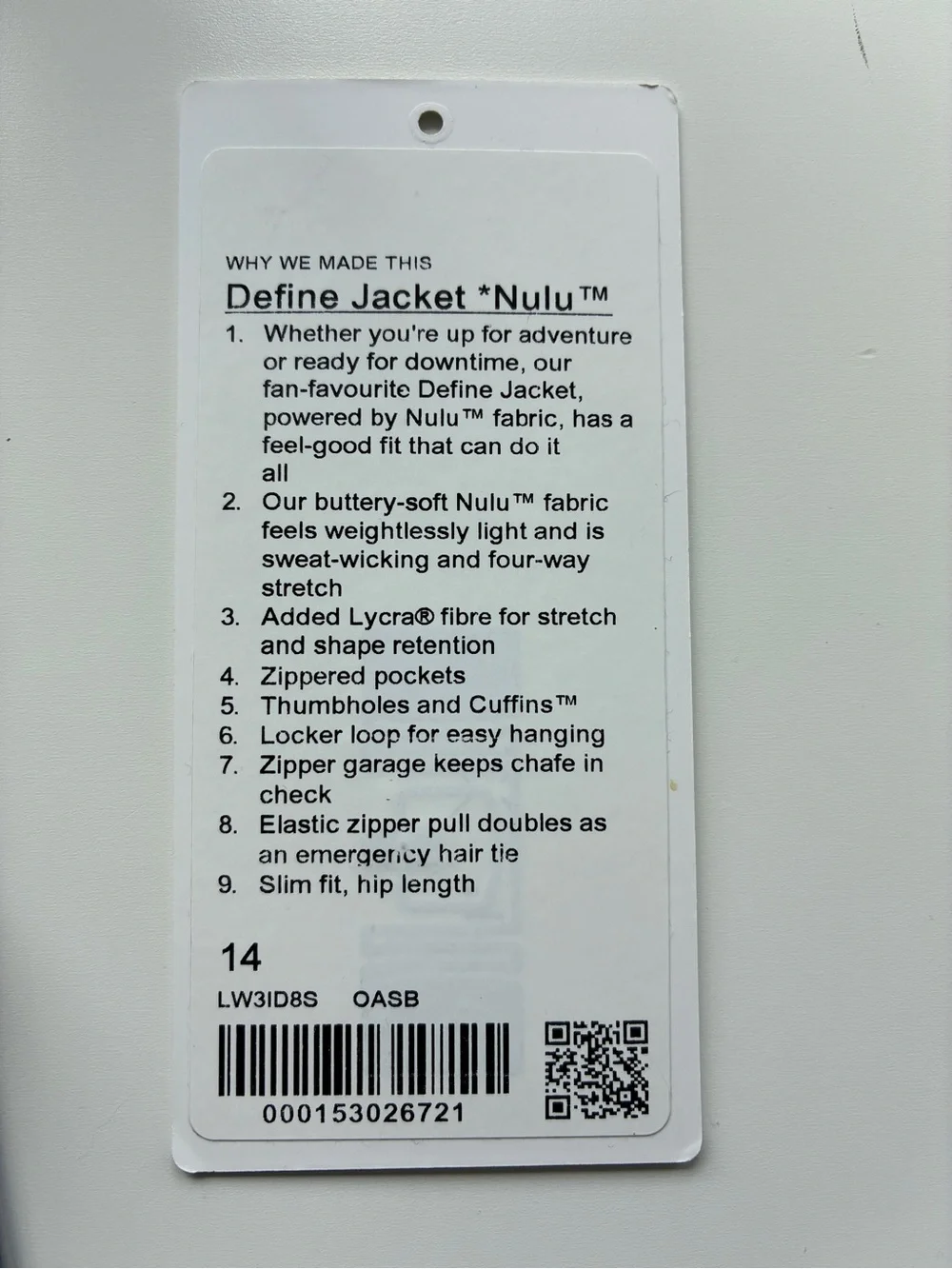Lululemon Define Jacket Nulu Oasis Blue Size 14 Original Tag